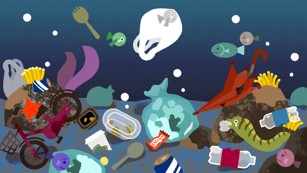 大阪・住之江工場 ごみ処理施設 館内映像・ゴミだらけになった海中のイラスト