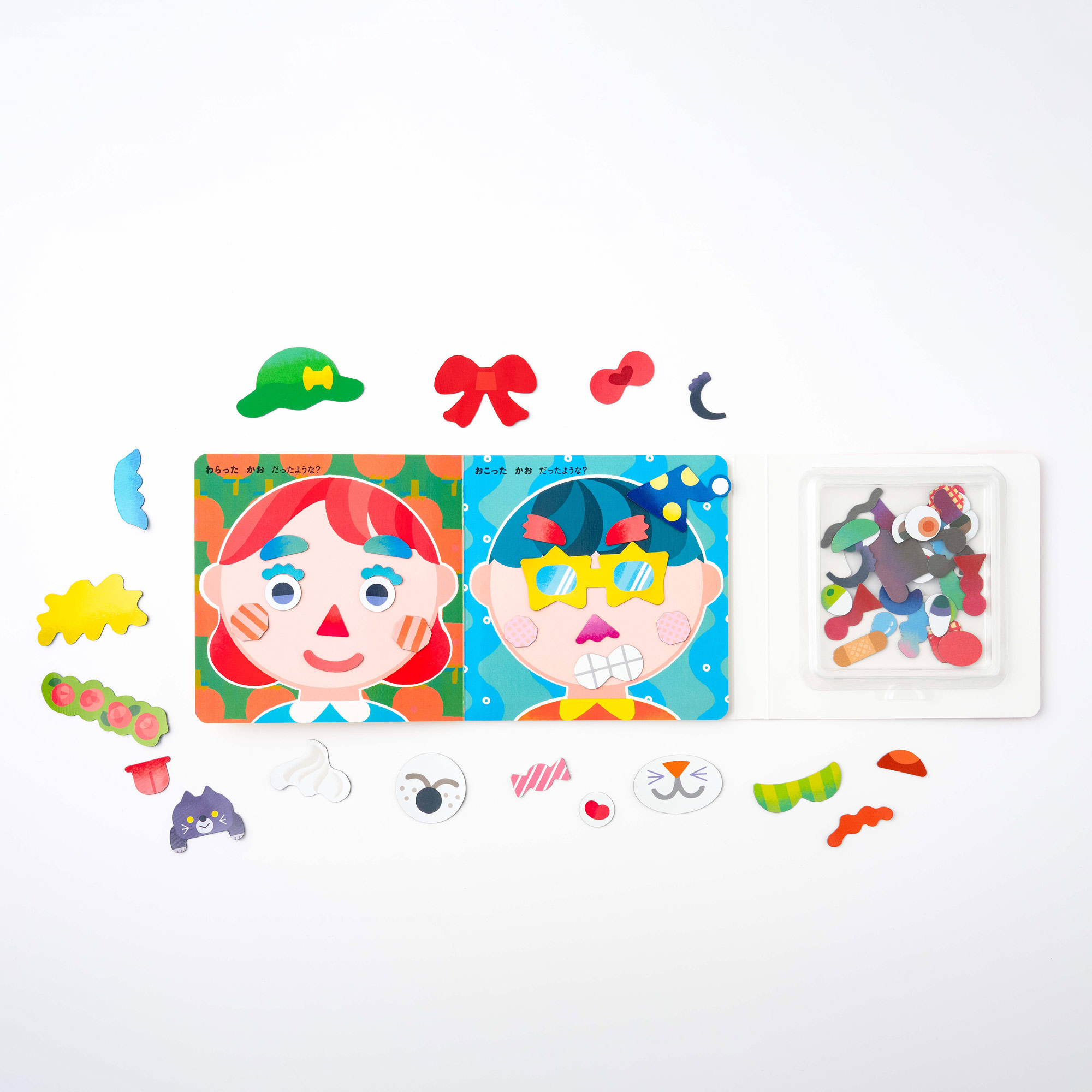 男の子と女の子の顔に、ほっぺやメガネを付けた表情の制作例